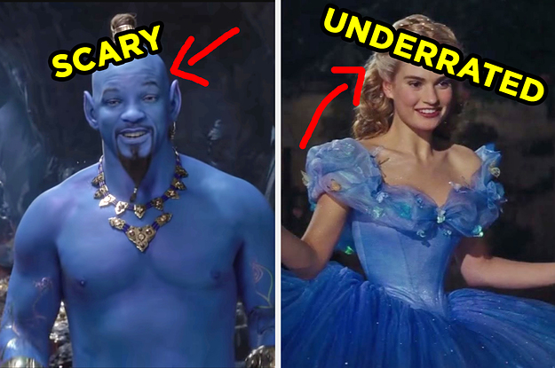 On left, Will Smith as the Genie in the live action Aladdin with a bold arrow pointing to him and