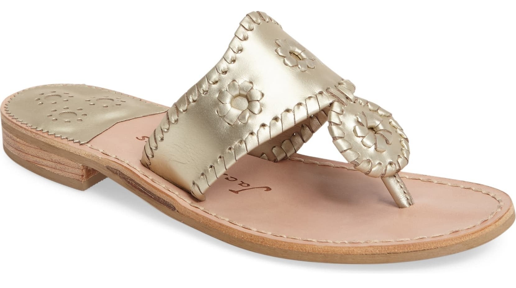 The Jack Rogers Whipstitched Flip Flop in platinum. 