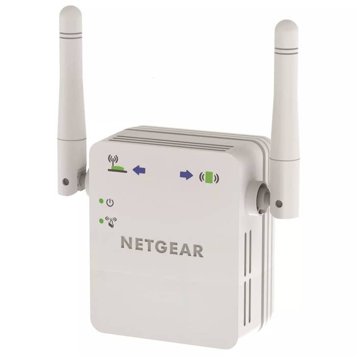A white Wi-Fi range extender with two antennae