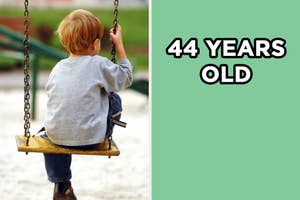 On the left, a kid sits on a swing on the playground, and on the right,
