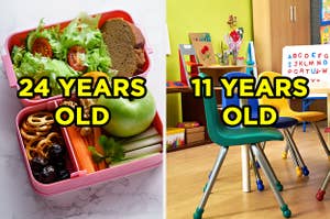On the left, an open lunch box filled with salad, a sandwich, pretzels, an apple, and carrots and celery and 24 years old is typed on top, and on the right, a kindergarten classroom with bright chairs and an alphabet board and 11 years old typed on top