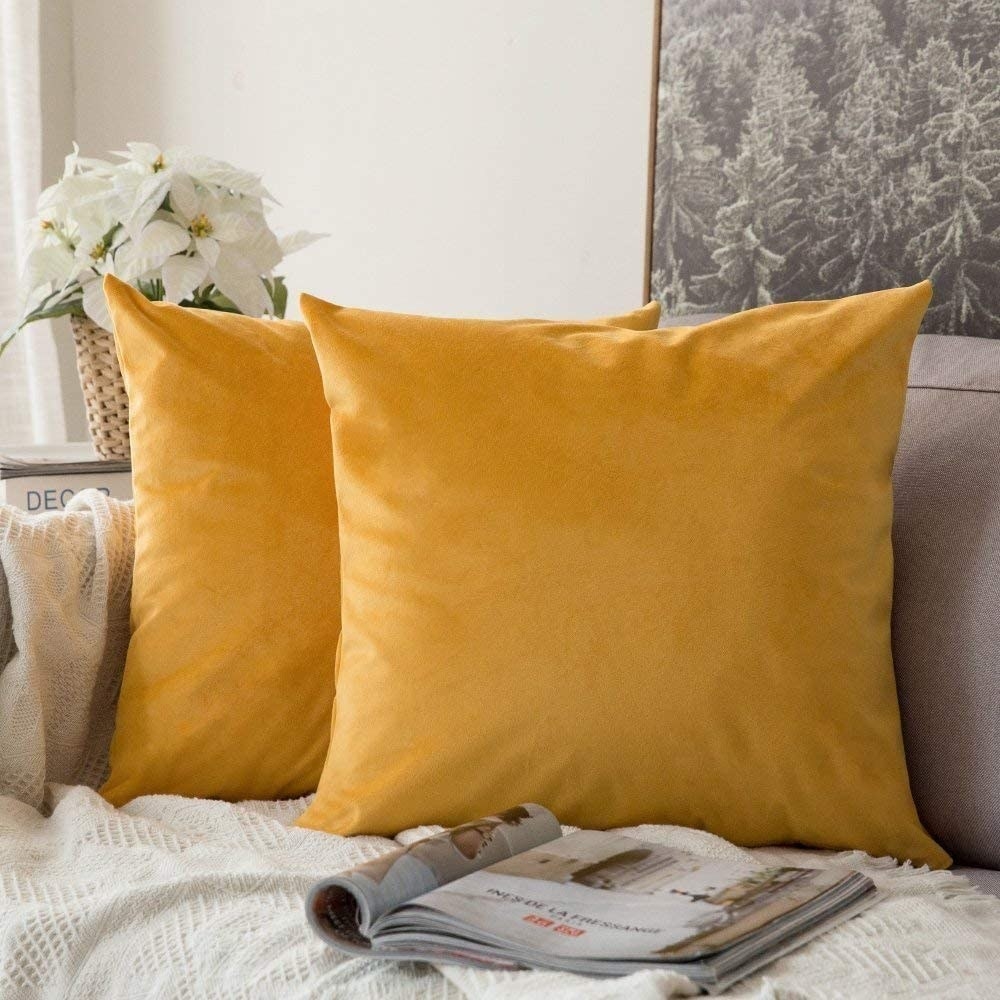 Two velvet square pillows in orange sitting on a couch