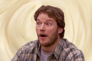 Chris Pratt as Andy Dwyer from "Parks and Rec" making a surprised face over a mayo background