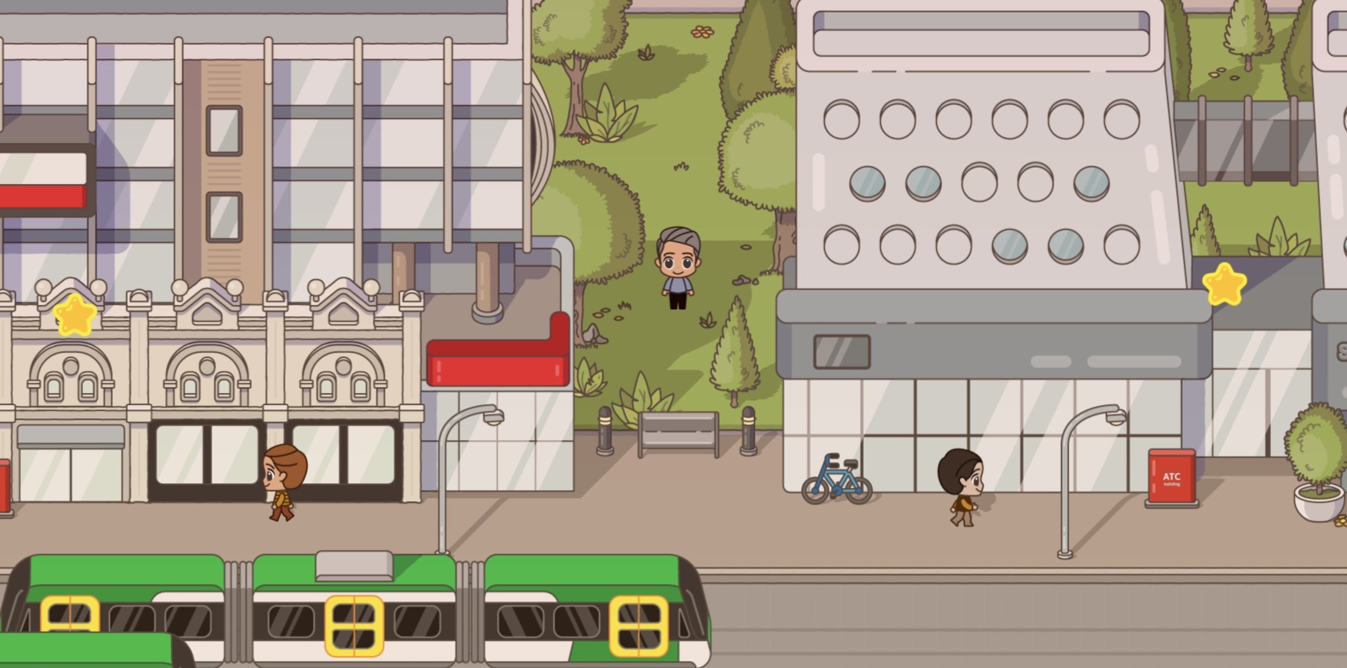 Image of Swintopia with a focus on the animated train and characters walking on a pathway