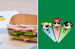 The Powerpuff girls flying next to a Subway sandwich