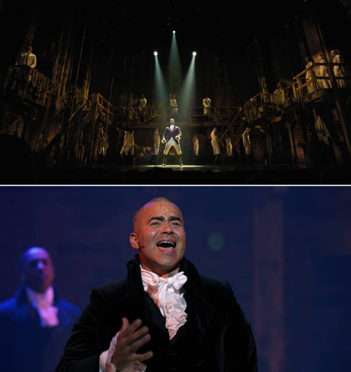 A wide shot of Leslie Odom Jr. as Burr and then a close-up of Chris Jackson singing &quot;One Last Time&quot; as Washington