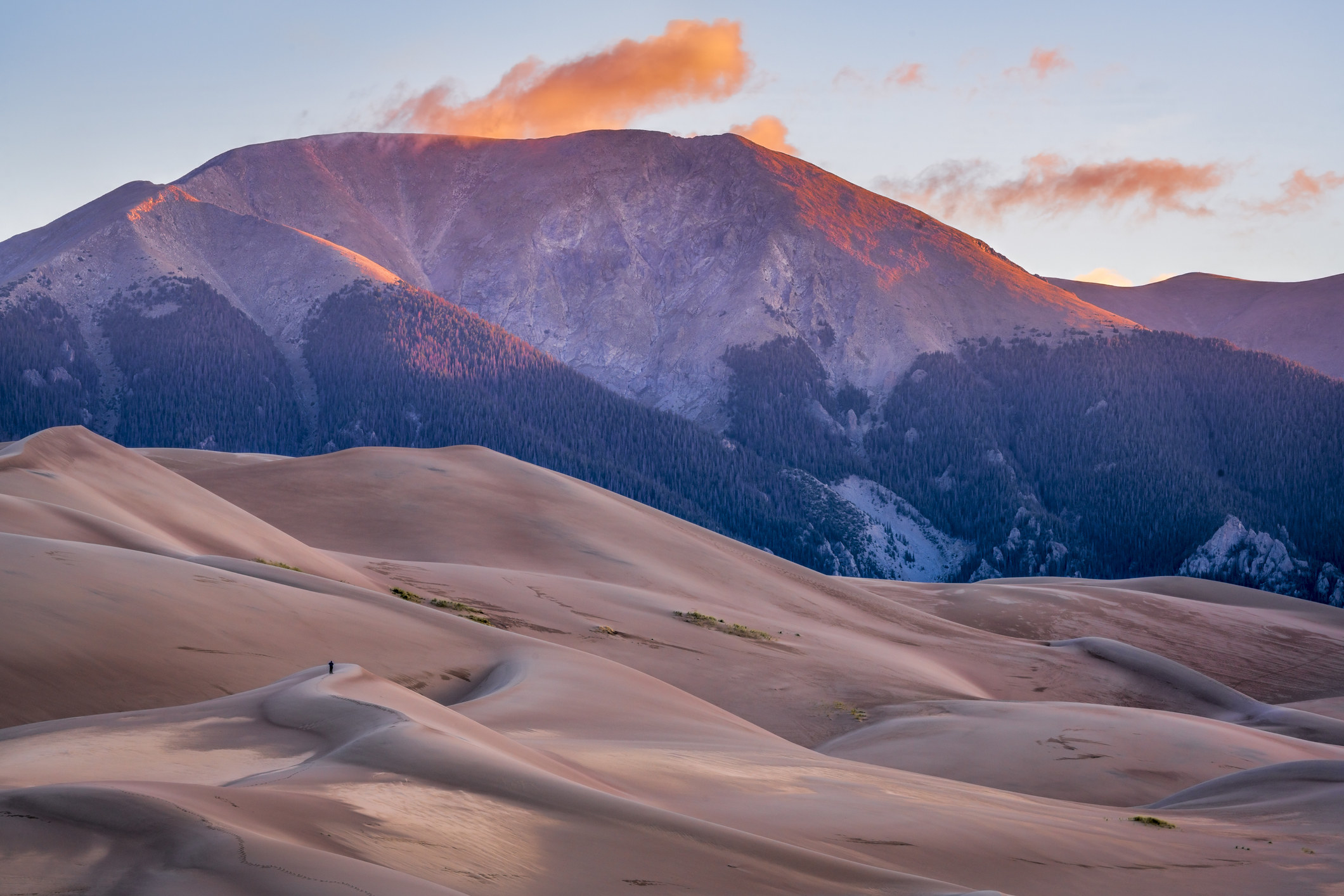 A landscape shot of Great Sand Dunes National Park at sunrise, showing pink-colored dunes against a mountain.