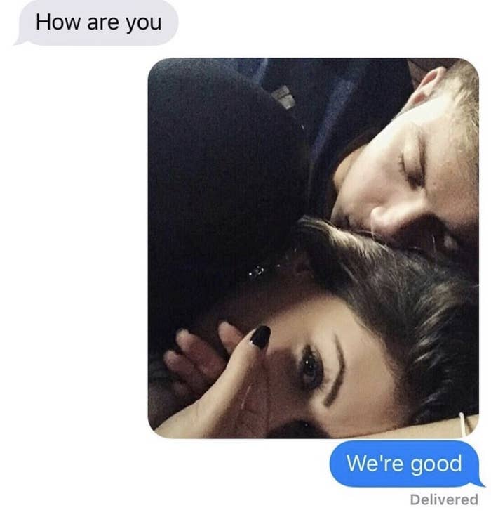 A text message saying, &quot;How are you&quot; and a reply that says, &quot;We&#x27;re good&quot; attached with  a selfie of the other person cuddling with someone else.