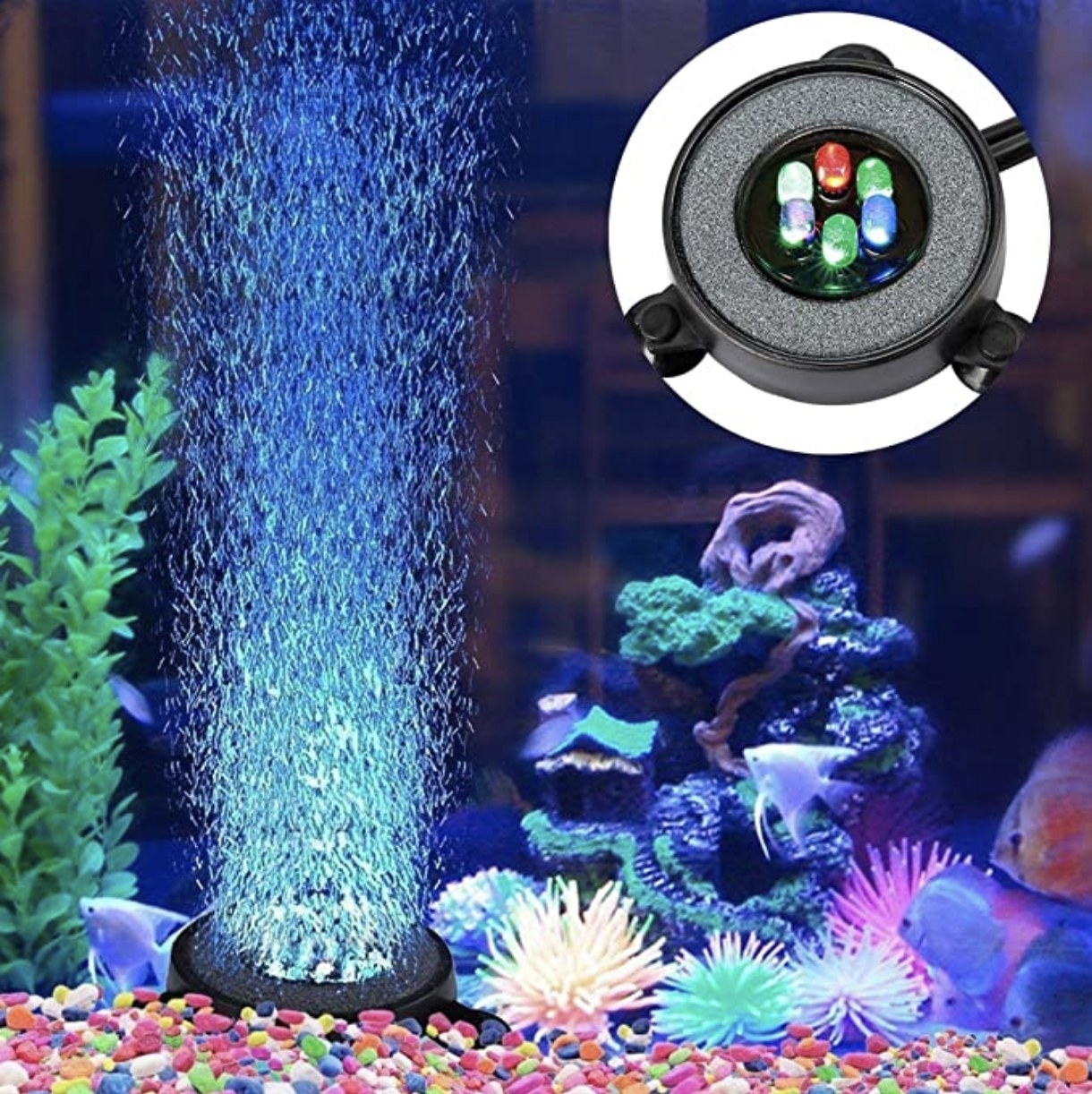 The LED bubbler shown in a fish tank 