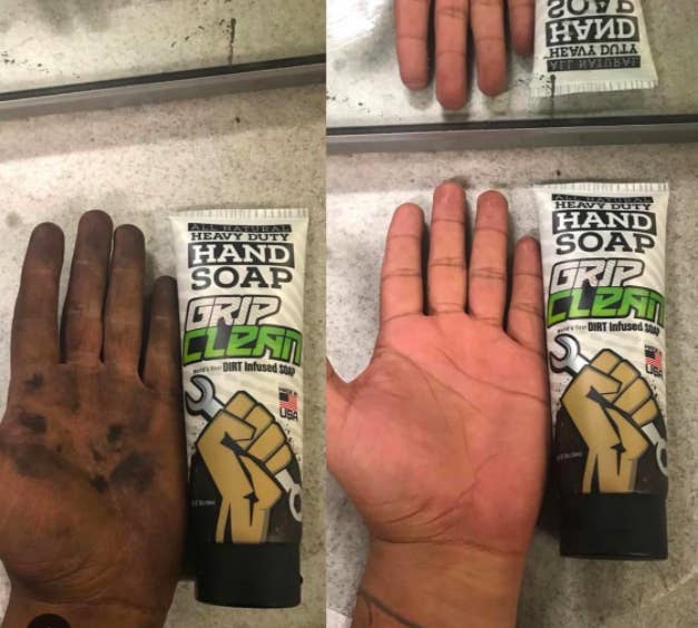 On the left, a reviewer's hand covered in grease. On the right, the same hand with 90% of the grease washed off