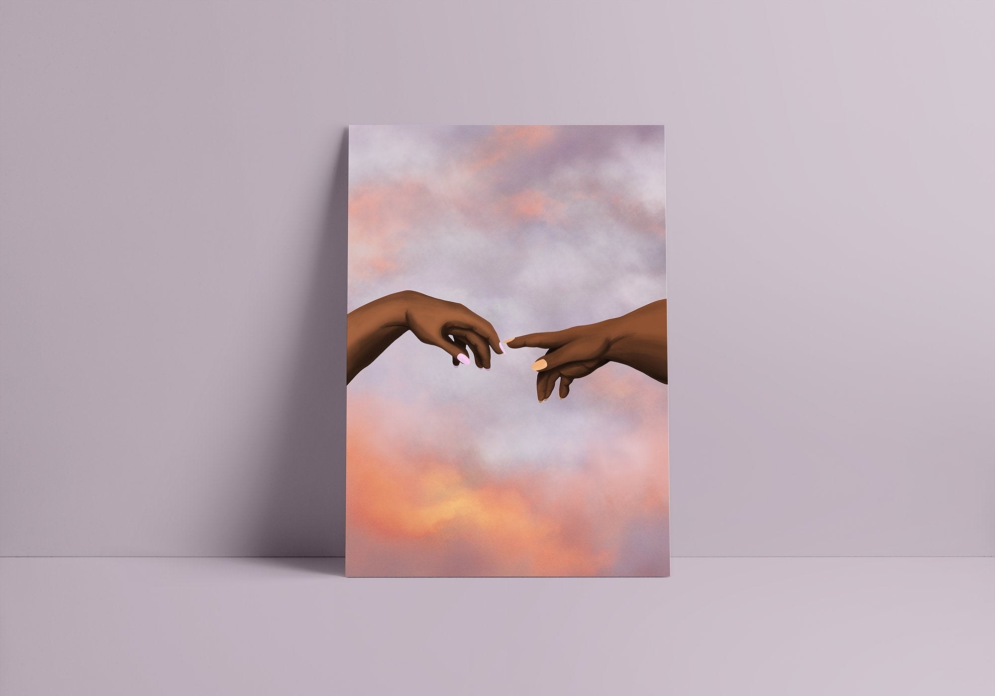 an art print of sunlight clouds with two hands reaching towards one another
