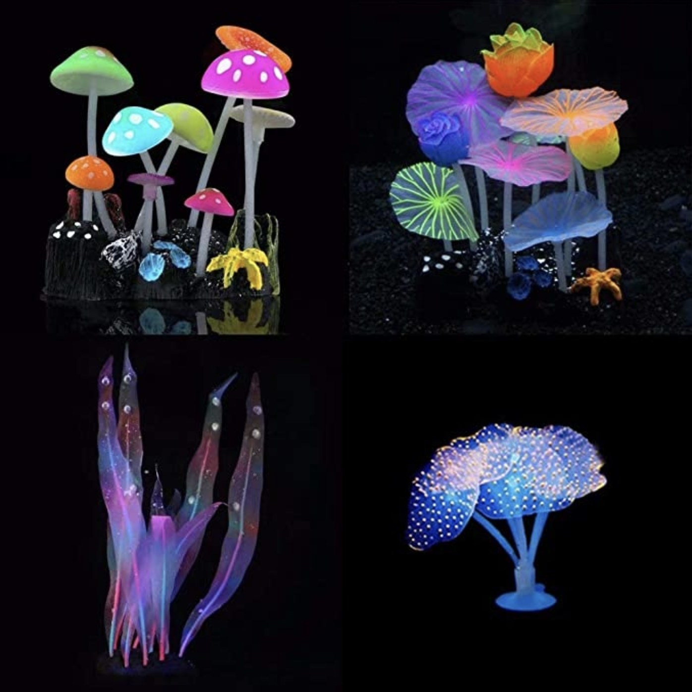 The glowing decorations are shaped like mushrooms, coral, and seaweed 