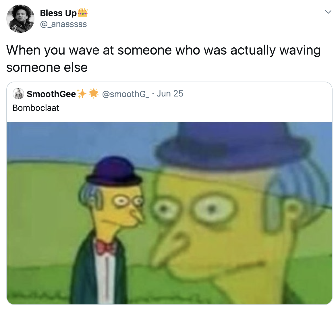 Cartoon character looking flustered with the caption "When you wave at someone who was actually waving at someone else"