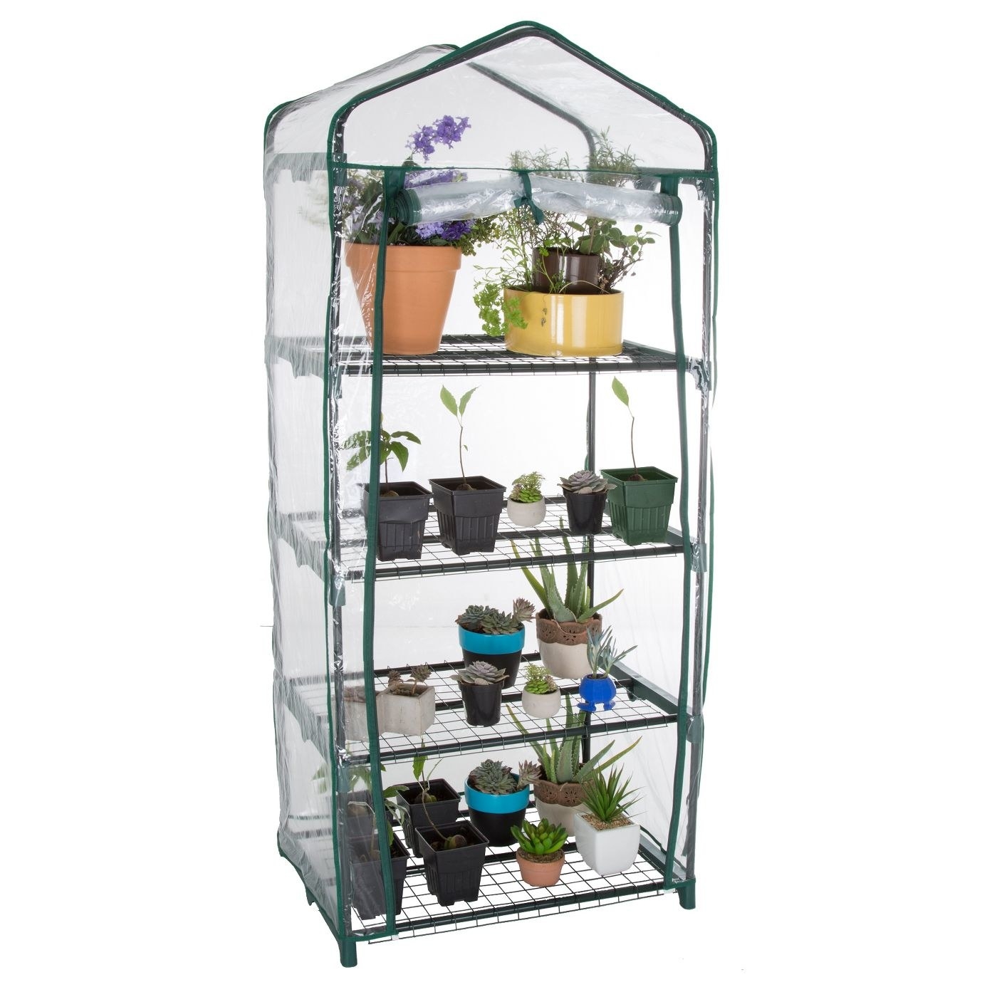 A four-shelf greenhouse with a plastic cover 