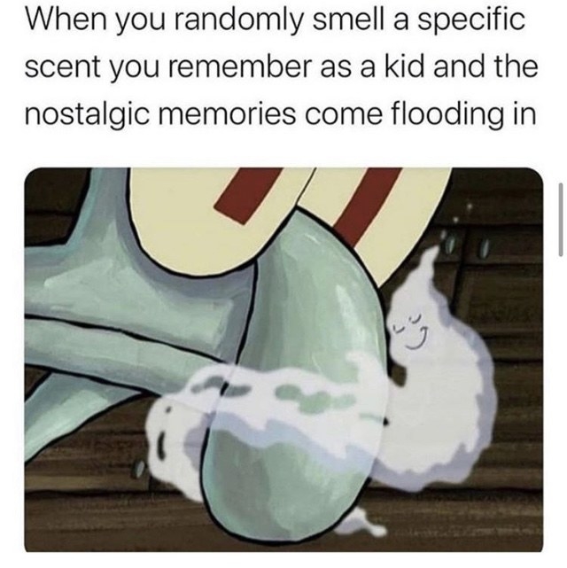 Cartoon character sniffing something with the caption &quot;When you randomly smell a specific scent you remember as a kid and the nostalgic memories come flooding in&quot;