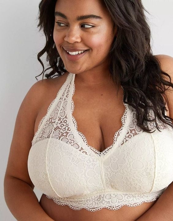Model in the white lace bralette
