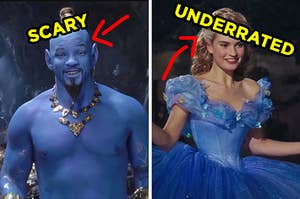 On left, Will Smith as the Genie in the live action Aladdin with a bold arrow pointing to him and "scary" typed next to it, and on the right, Lily James as Cinderella in "Cinderella" with a bold arrow pointing to her and "underrated" typed next to it