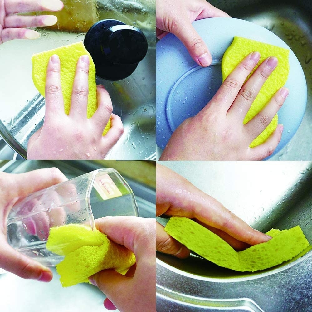 A person cleaning a pot, a lid, a plate, and a glass with a scrub sponge