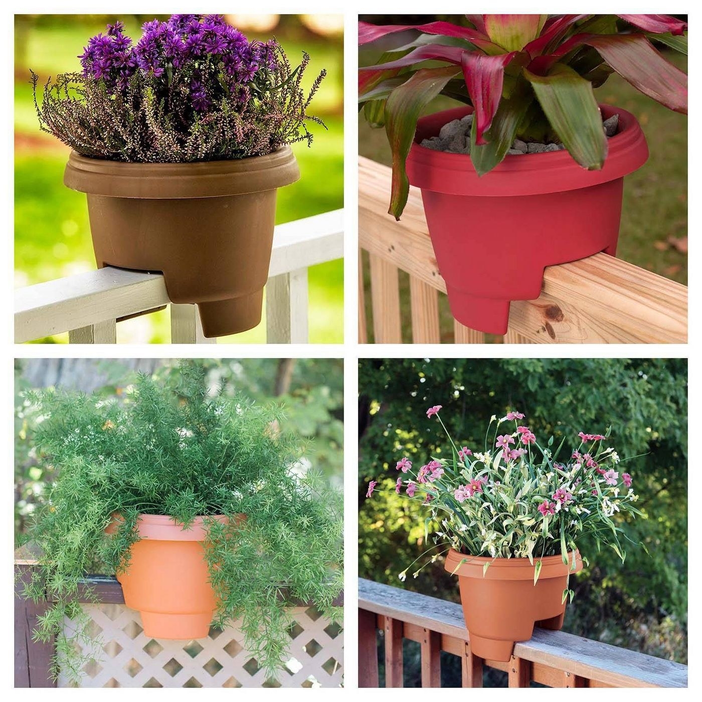 The deck rail planter on four different rails, showing how the sizes work for different rails 