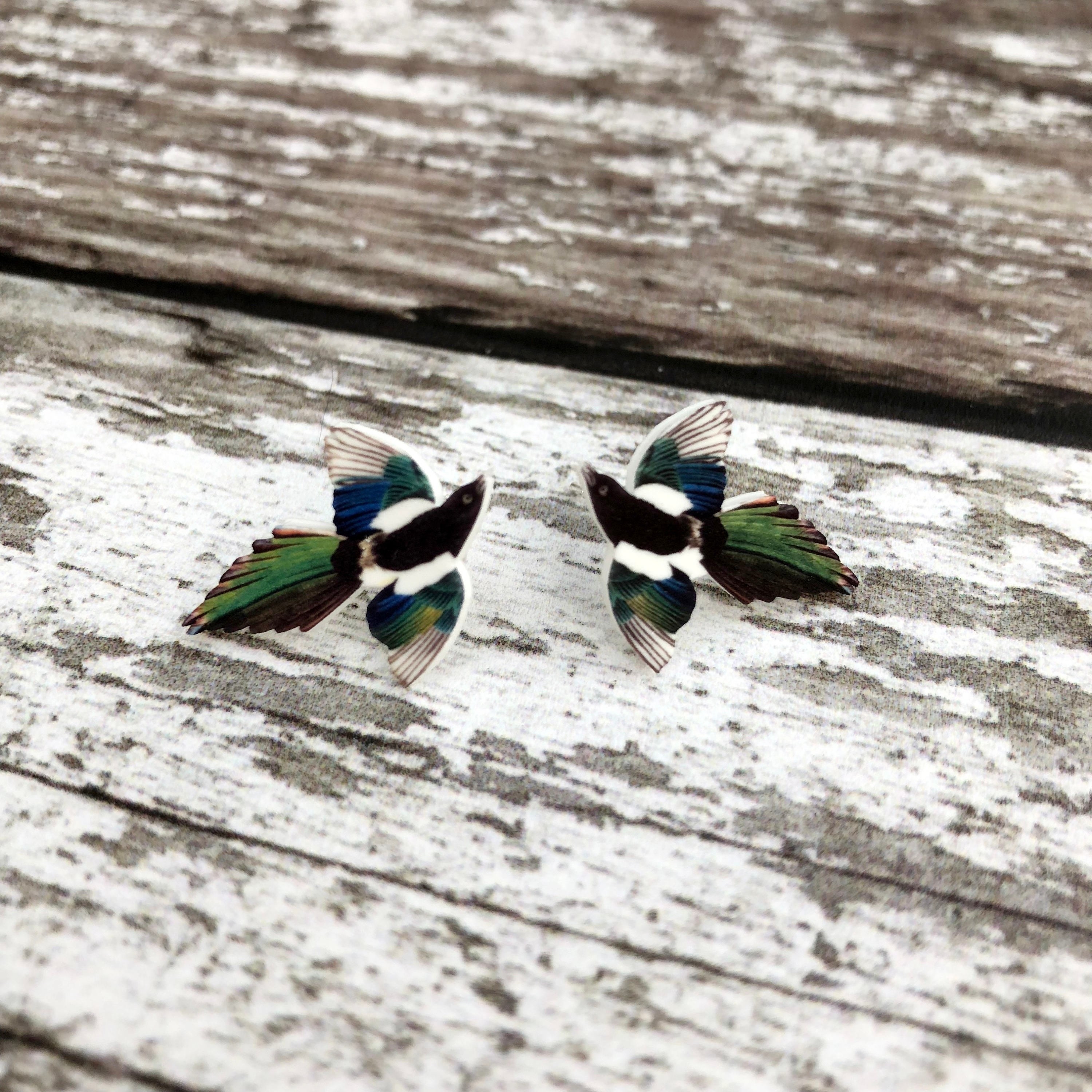 delicate black, white, green, blue, and brown magpie bird stud earrings