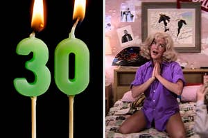 On the left, birthday candles make the number 30, and on the right, Stockard Channing sings "Look at Me, I'm Sandra Dee" as Rizzo in "Grease"