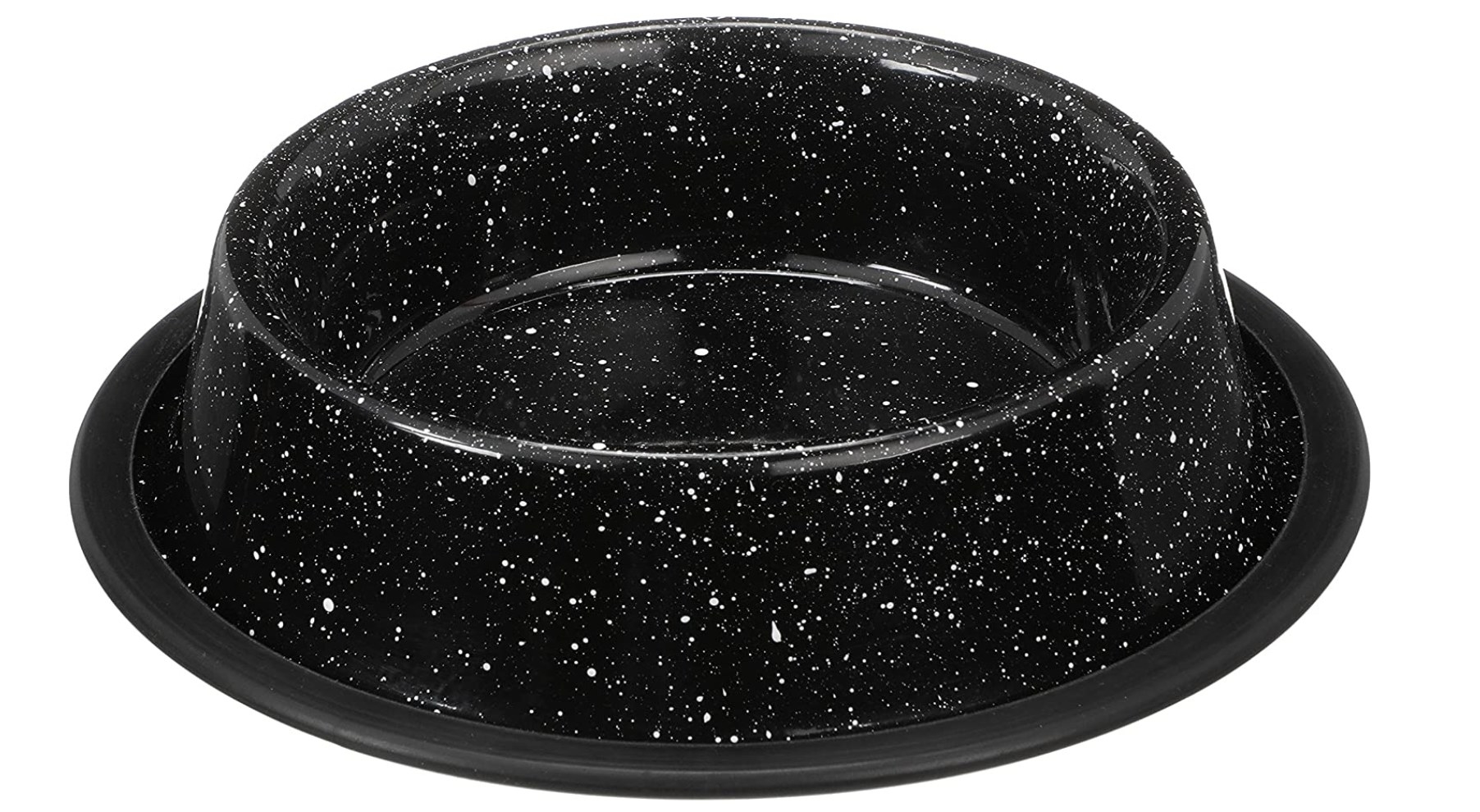A round black metal bowl with white speckling