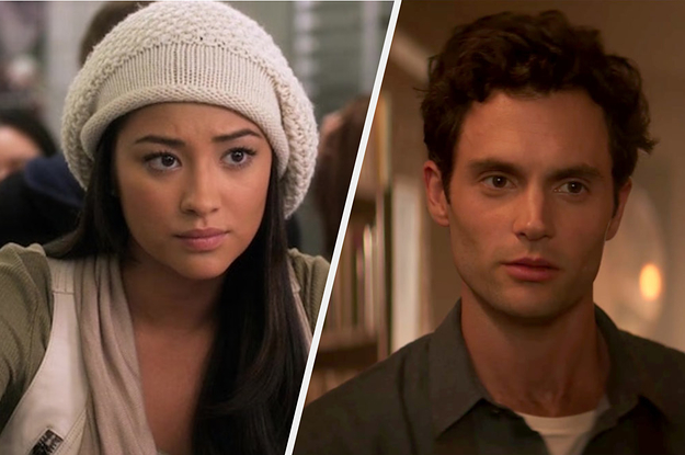 On the left, Shay Mitchell furrows her brows as Emily on