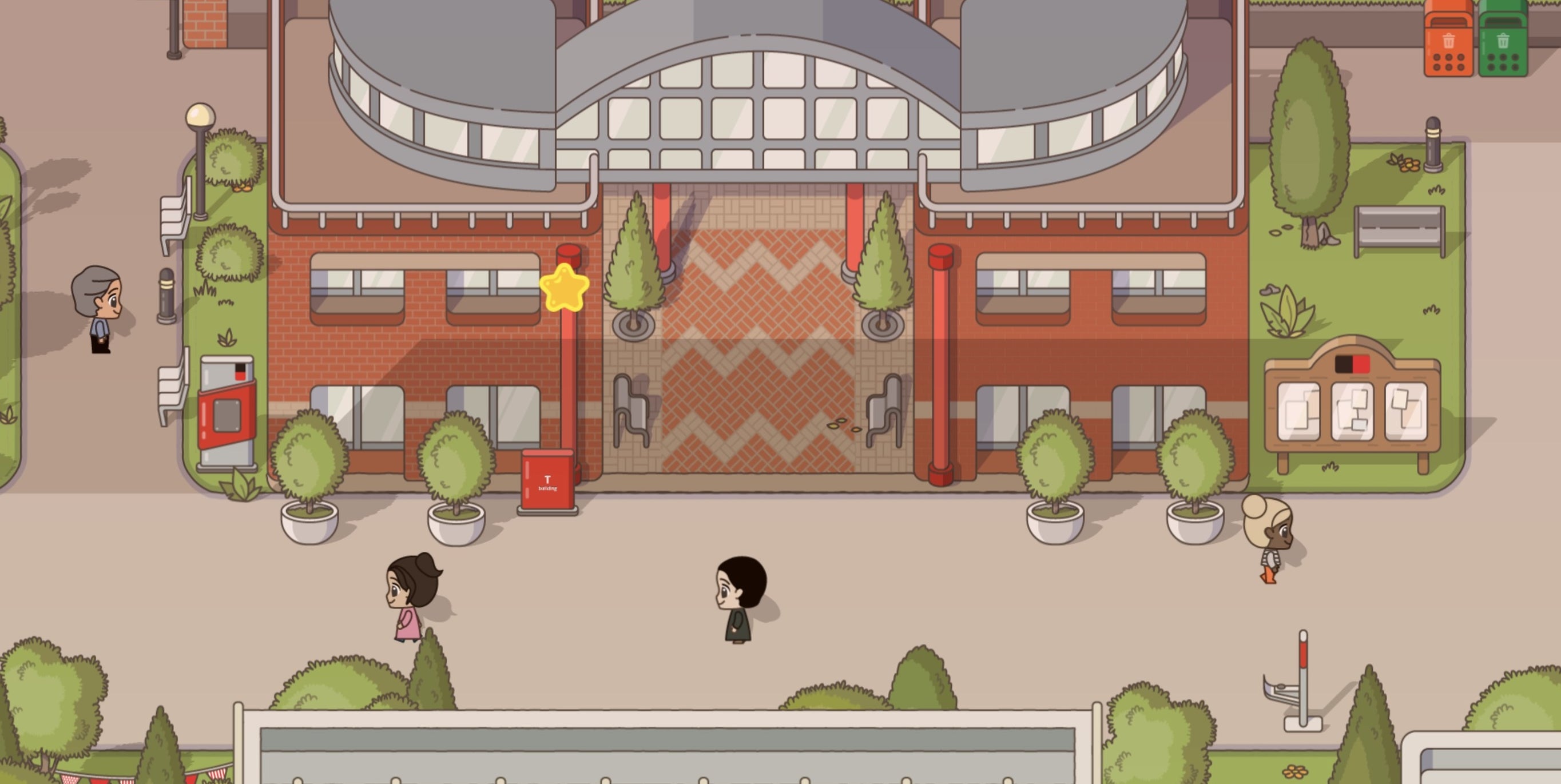 Characters in Swintopia walking outside an animated building with quad