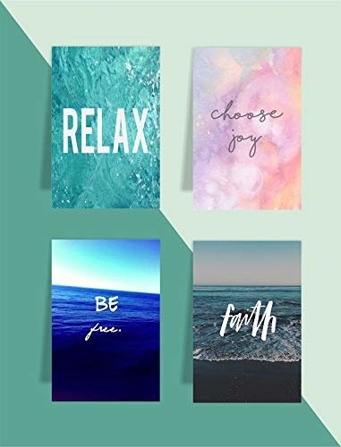 The bookmarks have abstract designs and pictures of the ocean. The words, &#x27;Relax&#x27;, &#x27;Choose Joy&#x27;, &#x27;Be Free&#x27;, and &#x27;Faith&#x27; are written on them. 