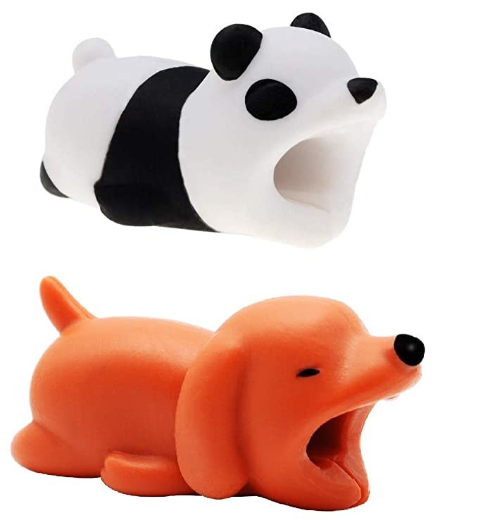 Cable protectors in the shape of a panda and a dog.