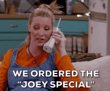 GIF of Phoebe telling Joey over the phone that she bought the &quot;Joey Special&quot;