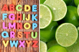On the left, alphabet magnets A-Z places on a wooden table, and on the right, a pile of limes, some sliced in half and others whole