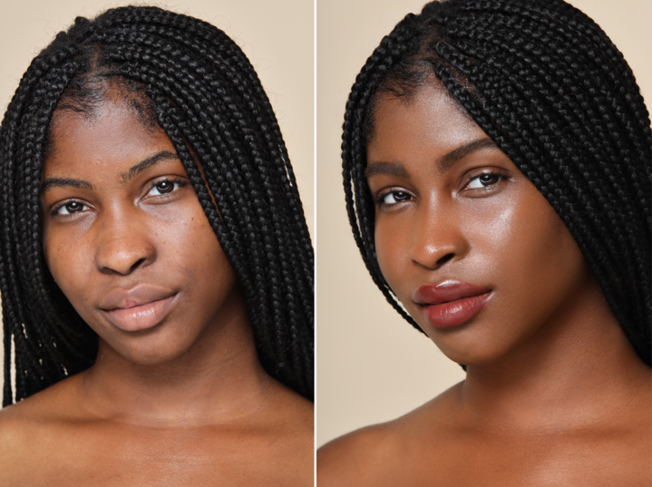 On the left, a model&#x27;s bare face. On the right, the same model wearing the foundation, with their skin looking even and glowy