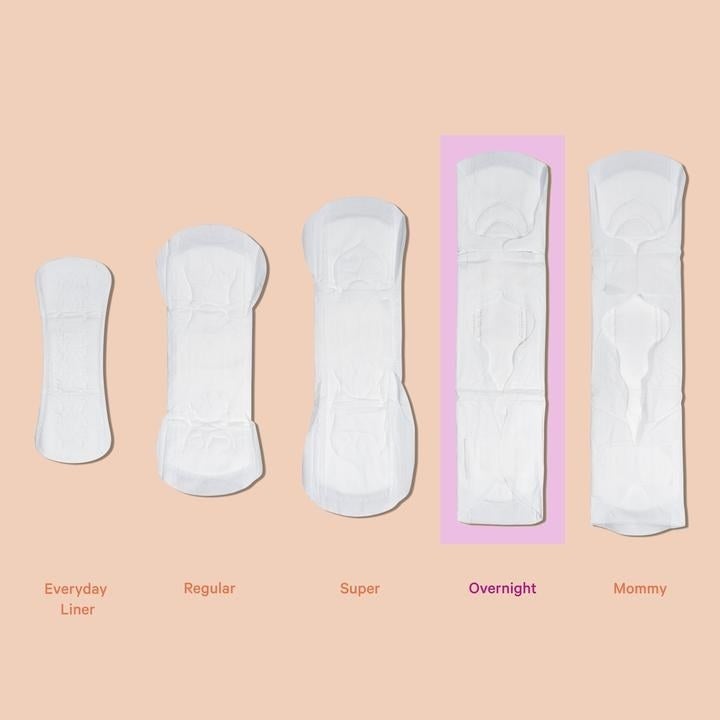 The brand's pad sizes shown in a row: everyday liner, regular, super, overnight, and mommy