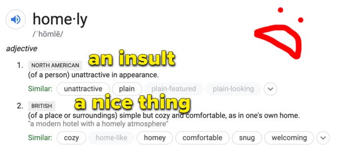A Google definition of the word &quot;homely&quot; which says that the North American definition means &quot;unattractive&quot; while the British definition means &quot;cozy and comfortable.&quot;