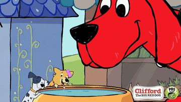 A GIF of Clifford the Big Red Dog drinking water from a giant bowl with tinier dogs