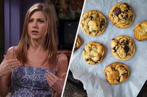 On the left, Rachel from "Friends" wears a patterned-dress and an annoyed expression on her face, and on the right, a tray of freshly baked chocolate chip cookies