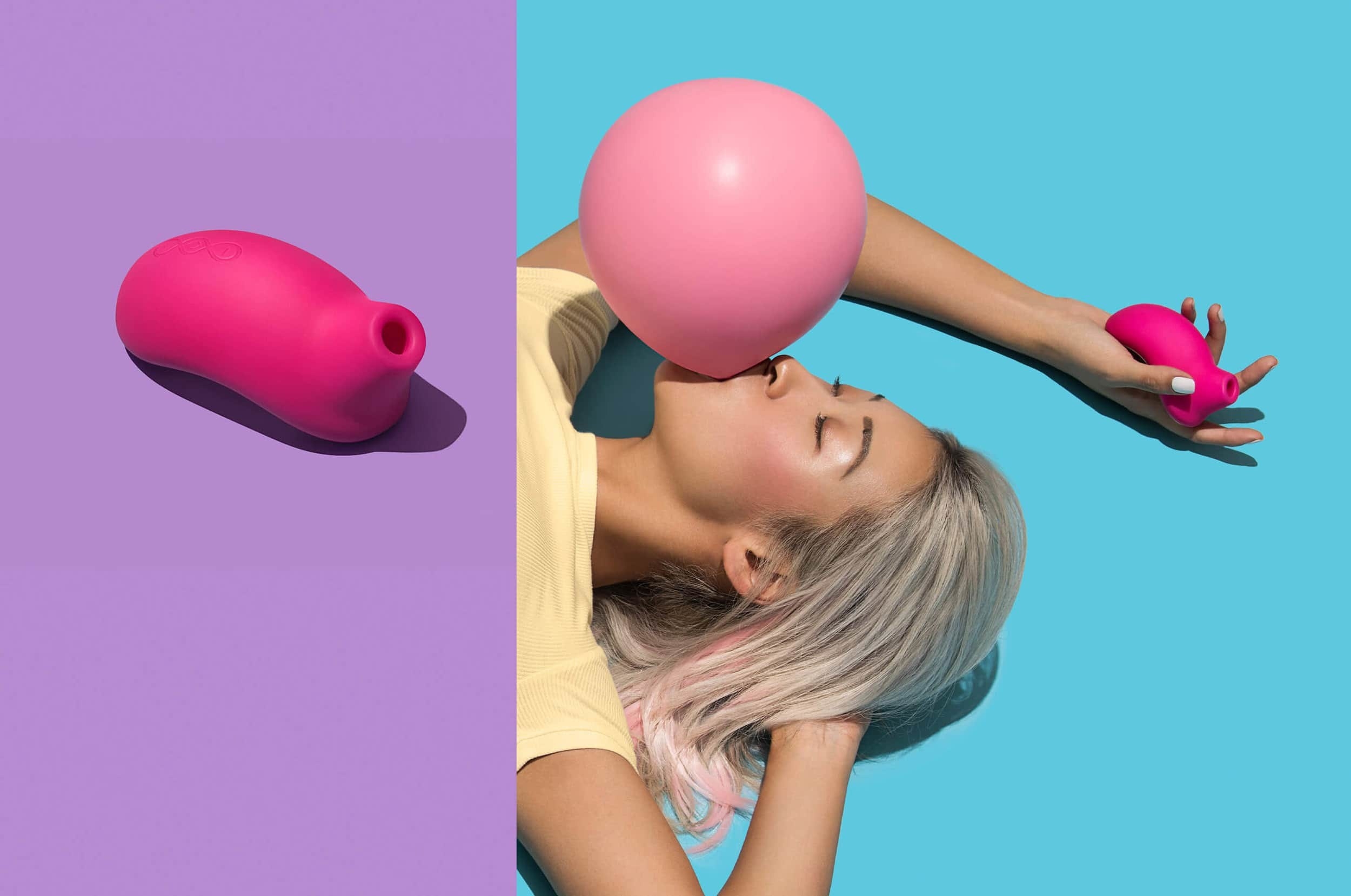 left: a bean-shaped pink vibe with a little spout thing on the end right: model holds it in palm
