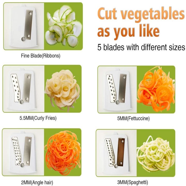A pic showing how the five different blades can make ribbons, curly fries, fettucine, angel hair, and spaghetti cuts 