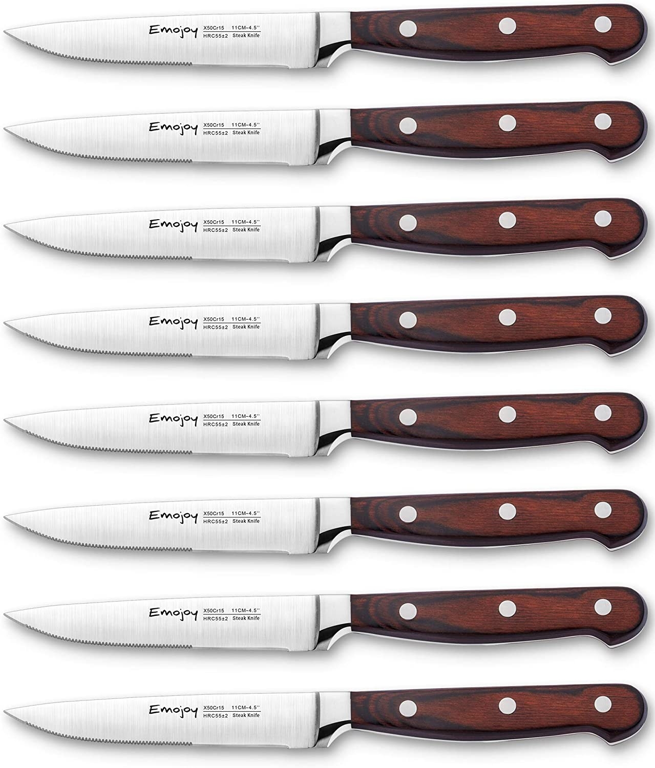 Eight steak knives with wooden handles with three metal circle accents on each