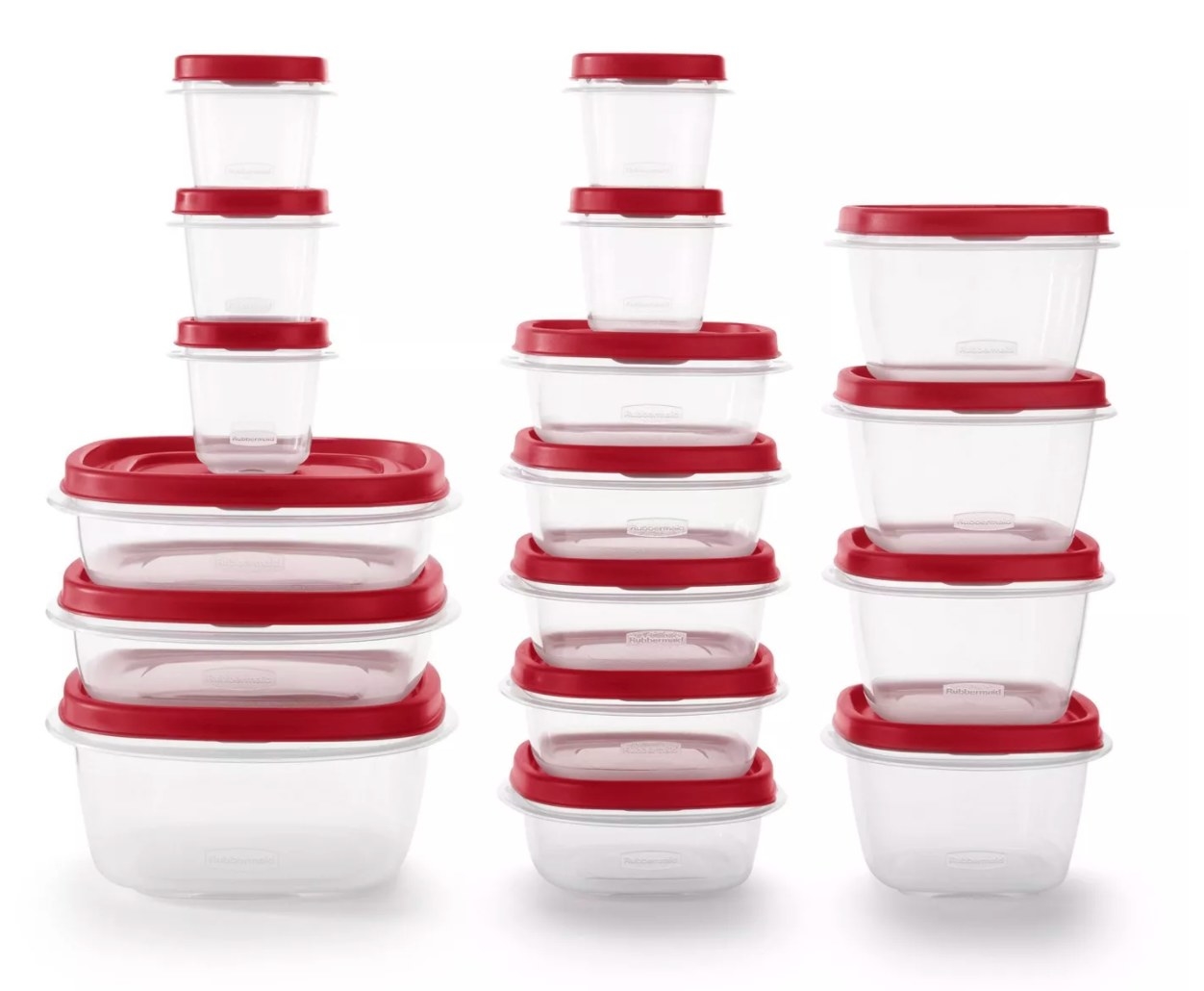 Three stacks of clear plastic food storage containers with red lids 