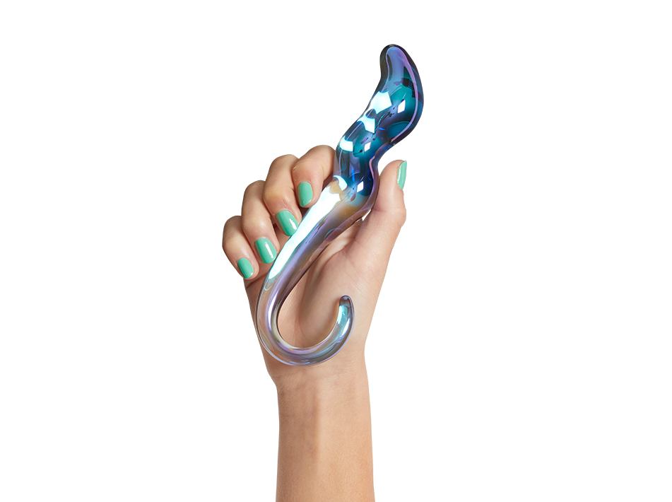 model holds bendy dildo with blue glittery inside and hook shaped tail 