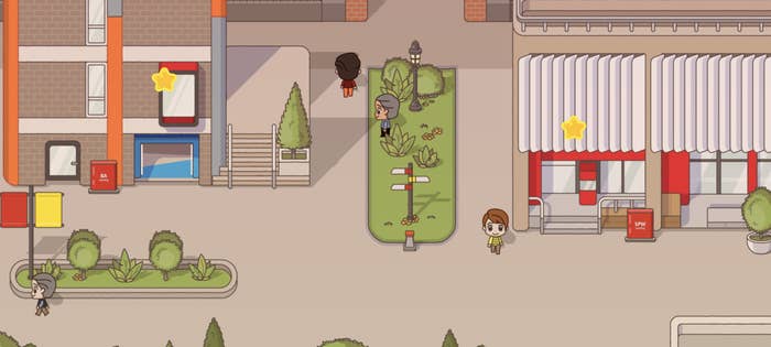 Animated characters walking around Swintopia featuring grass areas, buildings and little stars