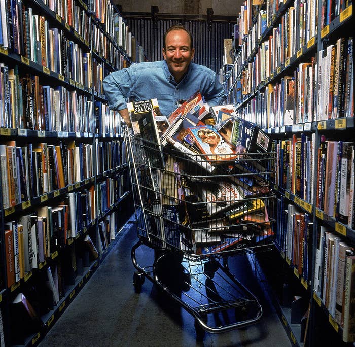 Jeff Bezos with a shopping cart