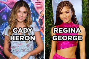 On the left, Millie Bobby Brown poses on the red carpet for the premiere of "Stranger Things" Season 3 with "Cady Heron" typed under her face, and on the right, Zendaya poses on the red carpet with "Regina George" typed under her face