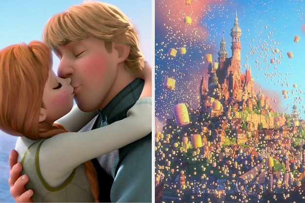 Princess Anna and Kristoff kissing next to the kingdom of Corona from Tangled covered in lanterns