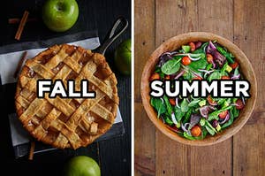On the left, an apple pie in a cast iron skillet with "fall" written on top of it, and on the right, a garden salad in a wooden bowl with spinach, onions, tomatoes, and radishes with "summer" typed on top of it