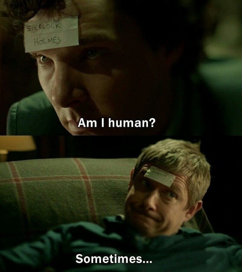 Sherlock and John playing the game where you put a name on the other&#x27;s head and the person has to try and guess who they are — Sherlock asks if his person (which is shown to be Sherlock Holmes) is human and John responds &quot;sometimes&quot;