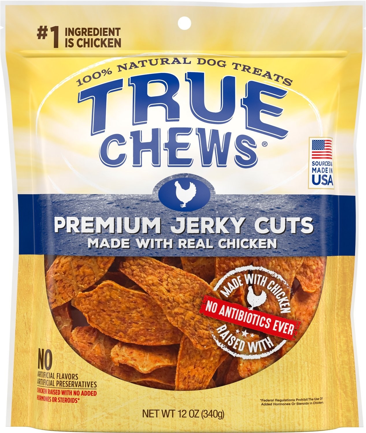 A bag of chicken jerky treats, with packaging that declares they contain 100% chicken and no antibiotics.