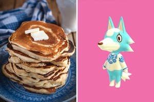 On the left, a stack of pancakes with two pats of butter on top, and on the right, Skye from "animal crossing: new horizons," a wolf who looks like the sky